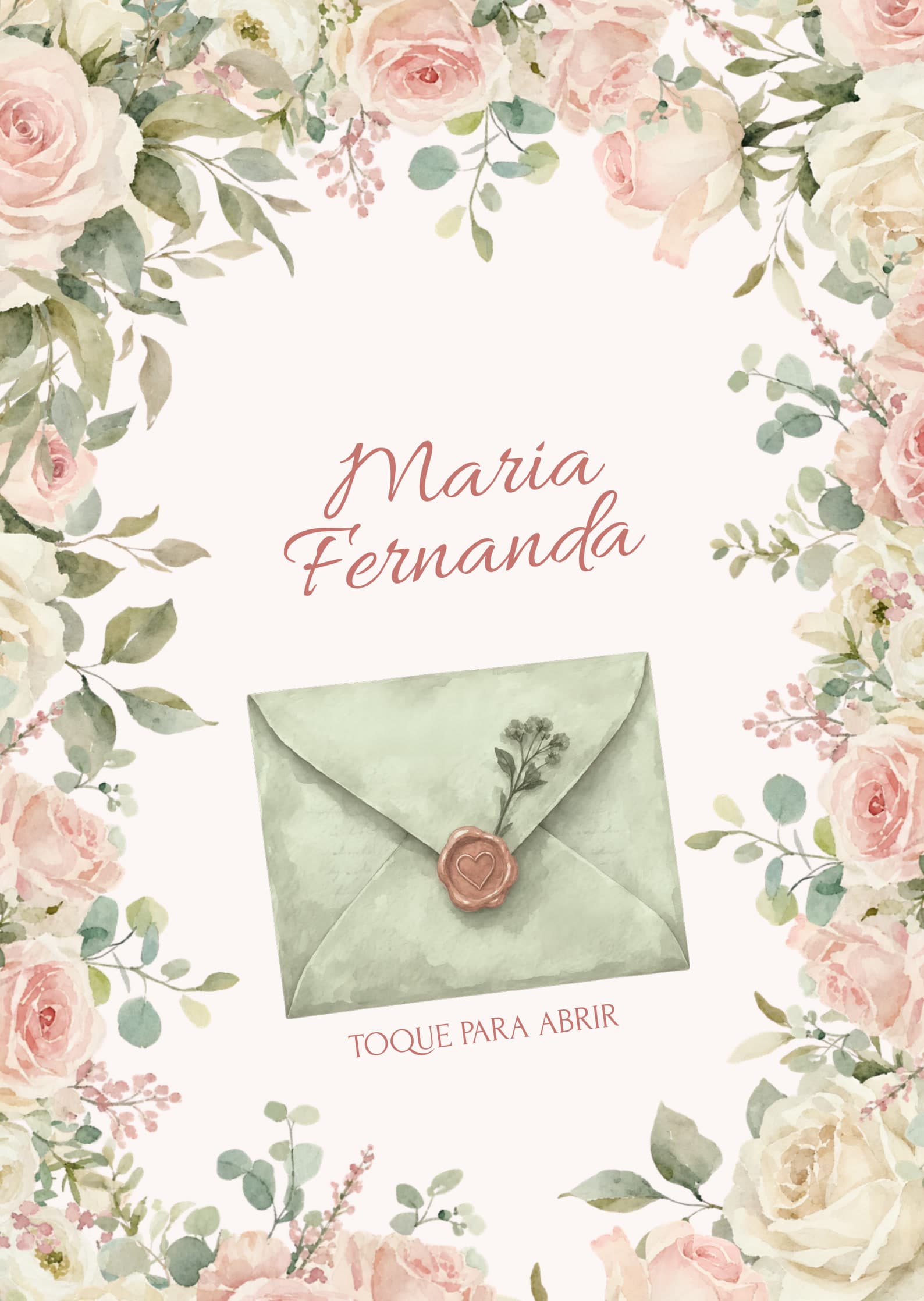 Convite de XV anos de Maria Fernanda, com moldura de flores em aquarela e um envelope fechado com selo de cera