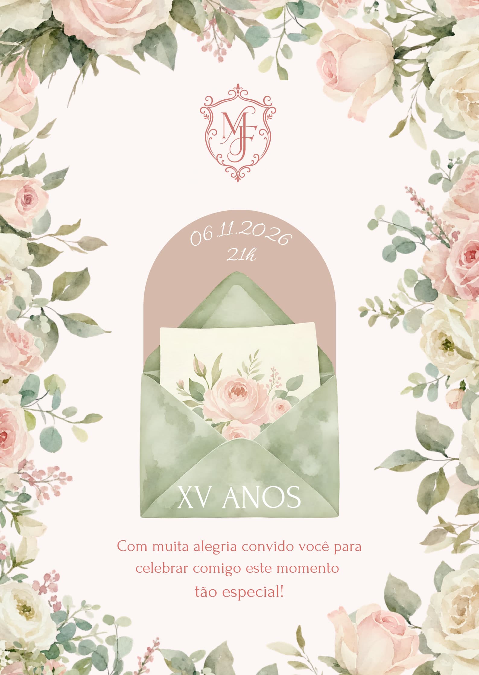 Convite de aniversário de 15 anos de Maria Fernanda, com moldura de flores em aquarela, brasão MF, a data 06.11.2026 às 21h e um envelope aberto com um cartão florido